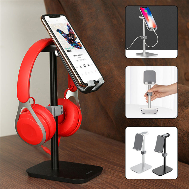 Soporte de aluminio para auriculares, soporte para teléfono móvil para escritorio