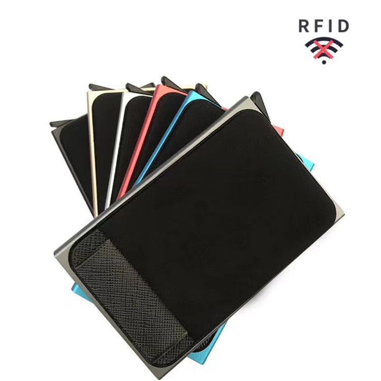 Cartera emergente automática de aluminio RFID con bolsa trasera elástica